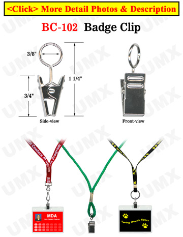 Metal Badge Clips with 3/8&quot; Round Rings For Lanyard Straps, Round Cords, Braided Strings