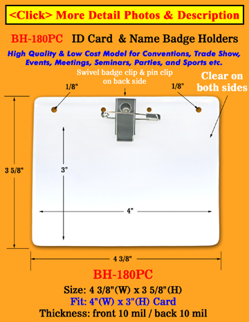 Low Cost Pin-On &amp; Clip-On ID Holder: 4&quot;(w)x3&quot;(h) With Pin &amp; Badge Clip BH-180PC/Per-Piece