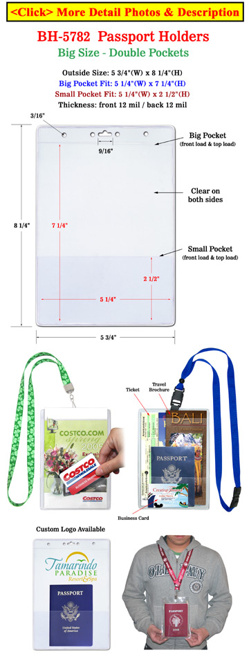 Passport Holders: Neck Wallets - Double Pockets - Heavy Duty Vinyl Plastic Big Name Badge Ticket Holders