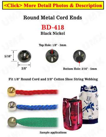 1/8&quot;(D) Black Nickel Finish Steel Iron Cord Ends: with 1/8&quot;(D, Top Hole) x 3/16&quot;(D, Bottom Hole)