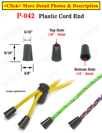 Round Cone Plastic Cord Ends: Cord Zipper Pulls with 1/8&quot;(D, Top Hole) x 1/4&quot;(D, Bottom Hole)