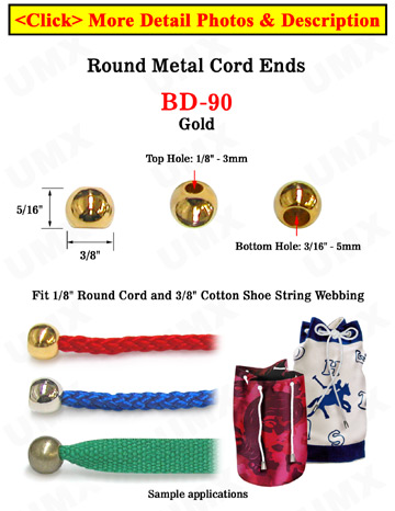 1/8&quot;(D) Gold Finish Metal Cord Ends: Round Beads with 1/8&quot;(D, Top Hole) x 3/16&quot;(D, Bottom Hole)