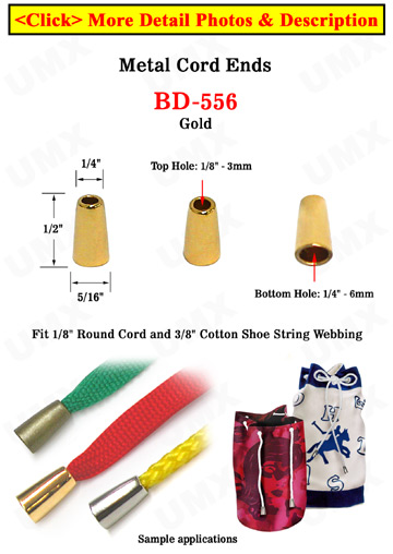 1/8&quot;(D) Round Cone Shaped Gold Finish Metal Cord Ends: with 1/8&quot;(D, Top Hole) x 1/4&quot;(D, Bottom Hole)