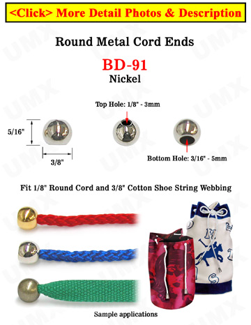 1/8&quot;(D) Nickel Finish Metal Steel Cord Ends: with 1/8&quot;(D, Top Hole) x 3/16&quot;(D, Bottom Hole)