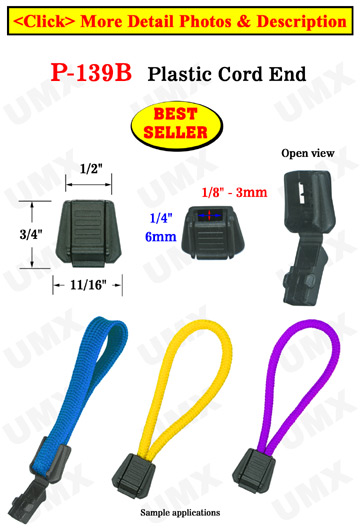 Short Profile Rectangle Plastic Cord End Closure with Clips: Zipper Pulls with 1/4&quot;(W) x 1/8&quot;(H) Hole