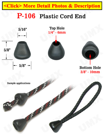 Round Cone Plastic Cord Ends: Cord End Closure with 1/4&quot;(D, Top Hole) x 3/8&quot;(D, Bottom Hole) 