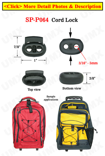 Cord Lock: Oval Shape, Flat Surface, Two-Holes - 3/16&quot;(D)=5mm(D)