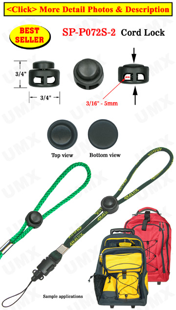 Cord Lock: Small Size, Low Profile Cylinder Shape - Two-Holes - 3/16&quot;(D)=5mm(D)