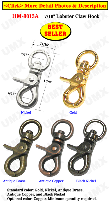 Best Seller: 7/16&quot; Small Lobster Claw Bolt Snap Hooks: Nickel, Gold, Antique Brass and Black Nickel Finish