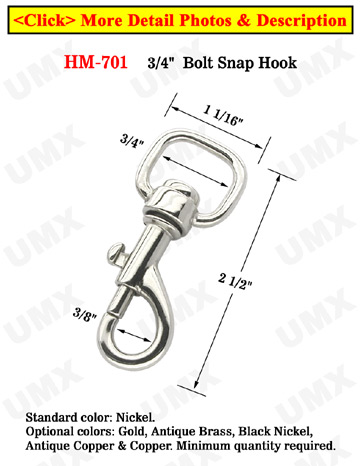 3/4&quot; Square-Head Low Profile Bolt Snap Hooks: For Flat Straps 