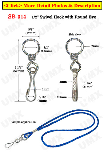 1/2&quot;  Heavy Duty Round Eye Swivel Hooks: For Round Cords or Flat Straps