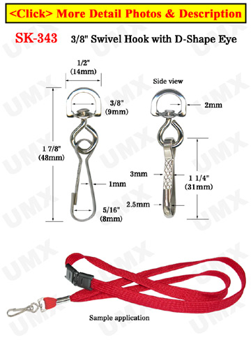 3/8&quot; Most Popular D-Eye Swivel Hooks: For  Round Cords or Flat Straps